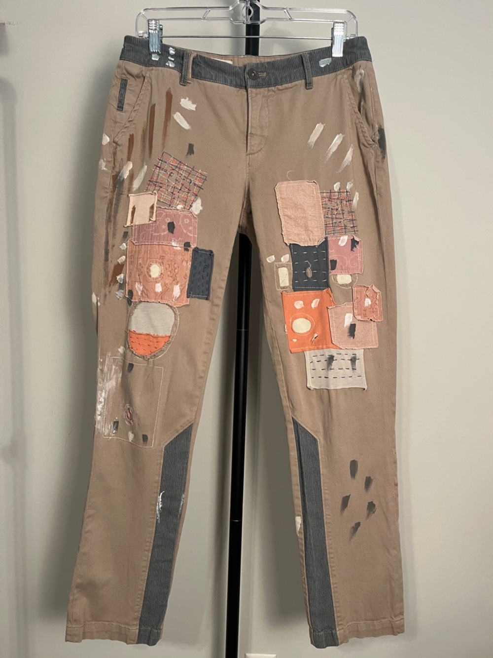 Anthro Pilcro Patchwork Painters Pants Khaki Tan Blue Pink Accents Hyphen Sz 28 - Picture 2 of 10
